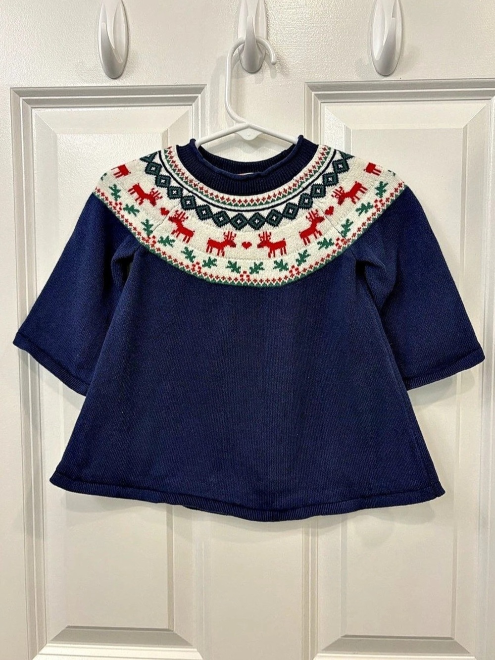 Hanna Andersson Holiday Dear Deer Sweater Dress Blue & White